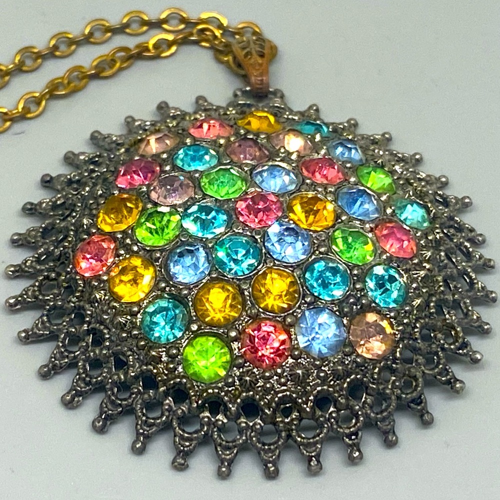 Large Vintage Multi Color Rhinestone Pendant